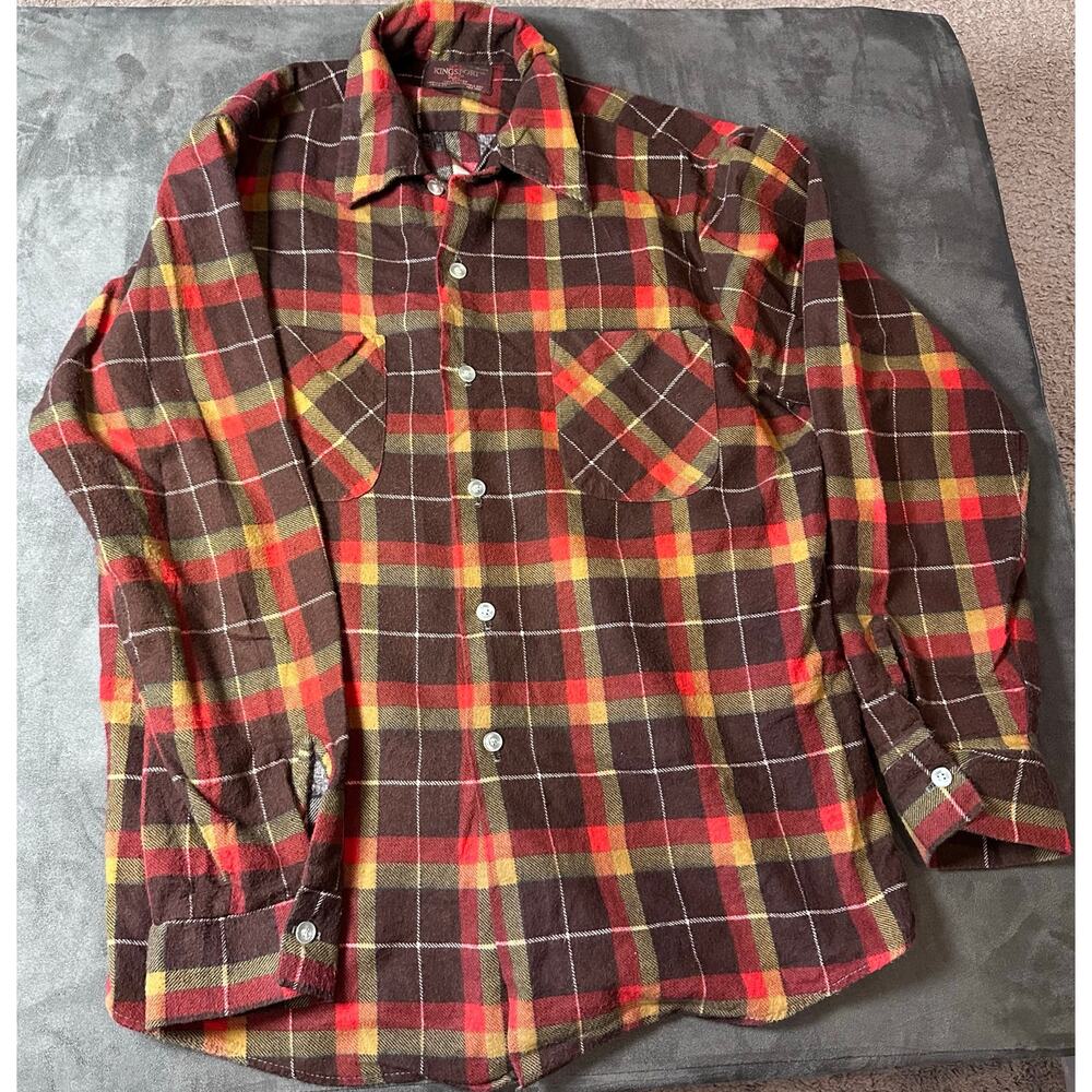 🌻Vintage Men's Med (15-15 1/2") 100% Cotton Brown Red Flannel Kingsport
